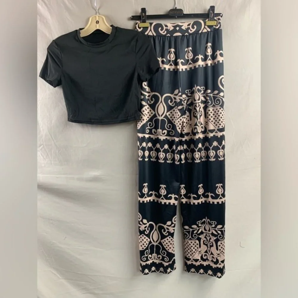 Black Crop Tee & Graphic Print Wide Leg Pants